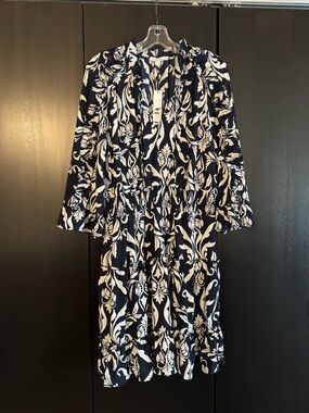 Chico's Navy and White Floral Tiered Long-Sleeve Dress